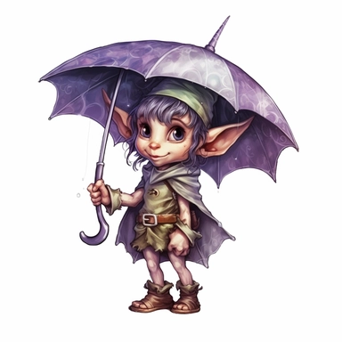 Cute Adorable magical little Elf with big pointed ears holds a umbrella in his hand wears a raincape and stand in the rain on a country road, clipart, photorealistic illustration, watercolor, high detail, 8k polished, 8k, vibrant colors, sticker, majestic, die cut, black and purple color, white background