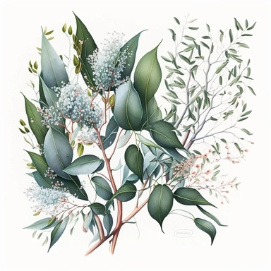 a vibrant clipart image of green eucalyptus foliage, featuring branches adorned with white gum blossoms in soft shades ,white background,no texte