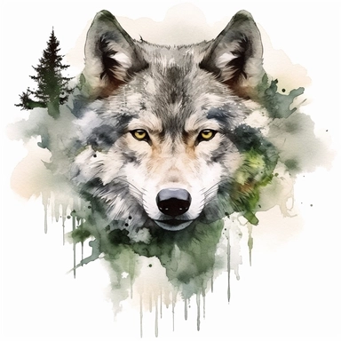 double exposure, wolf head and forest,watercolor,white background,clipart