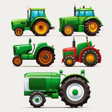 cute colourful vibrant green farm tractor vehicles, each side profile view front view, rounded edges, rounded corners, detailed vector clean illustration, clipart, svg, white background