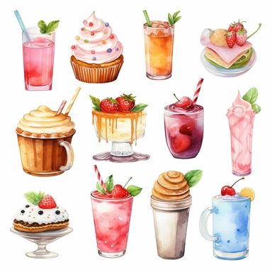 high detail watercoloraqua clipart white background different cafe drinks, treats, cakes and snacks