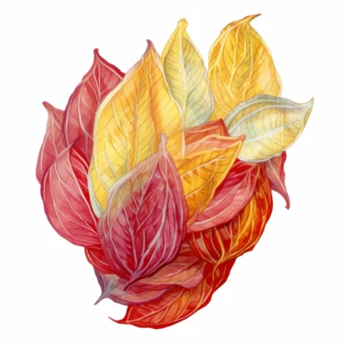 Design a dreamy watercolor clipart of an Overflowing chinese basket of Assorted autumn leaves in shades of red, orange, and yellow arranged in a natural and organic style composition, hand-painted with soft and graceful brushstrokes. Draw inspiration from the artistic finesse of Ethereal Petals Watercolors for a refined and ethereal depiction. isolated on a white background, hand-drawn illustration, hand-painted watercolor texture, 16k UHD resolution, intricately detailed, sharp focal points, de