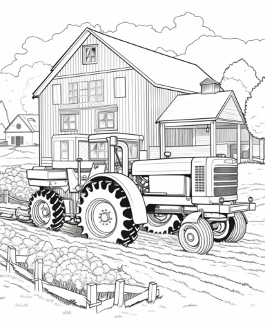 Create a coloring page featuring farm vehicles like tractors, combines, and trucks. Add details like hay or produce being transported coloring page with Farming background design as an outline art drawing with thick bold clear lines that are neatly joined up together, outline, clipart, no colors, no shadows, no details, HD