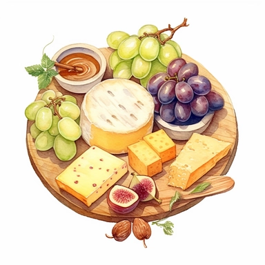 Watercolor cheese platter with wallnuts and grapes and raisins and figs and herbs nicely placed along with cheese on a very large wooden flat plate or cutting board, illustrations clipart set, simple, soft colors, cartoon elements, different variants, cheese from around the world, wooden elements, separate elements with a margin