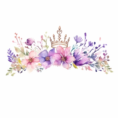 line of purple and lilac and green watercolor flowers with a simple clipart princess crown on top, watercolor gold, pink, purple, green, white background