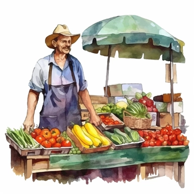 watercolor farmer at a stand selling vegetables vector | price 1 credit usd $1, in the style of colorful animation stills, bold color combinations, windows xp, elaborate fruit arrangements, folk/naïve:, smilecore, colorful cartoon Clipart desert cartoon t-shirt graphic, vector, contour, isolated on a white background