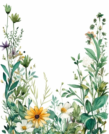 rectangle floral frame, thin border, green flowers and leaves, minimal with white space in middle, clipart, watercolor flowers, hand drawn, white background, clipart,