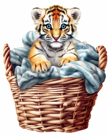 detailed watercolor Baby tiger on a basket with scarf , hyper realistic, isolated on a white background, clipart