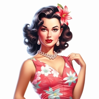 beautiful pretty pin up woman, makeup and hair vintage 50's style, hawaiian flower and dress, paint art style, detail, clipart, white background, superrealistic, one of a kind