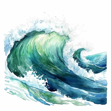 watercolor detailed dramatic blue green ocean waves with choppy water clipart on white background