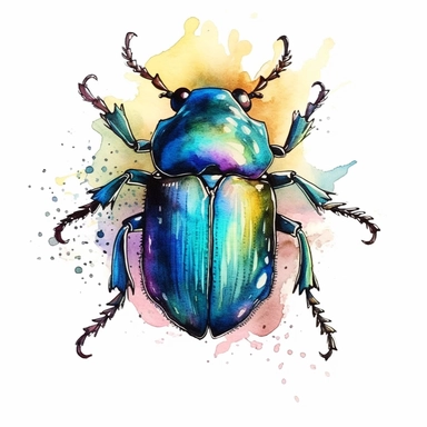 beetle clipart watercolour, black brown green and blue, white background,