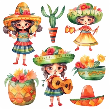 Watercolor cinco de mayo decorations, illustrations clipart set, simple, cinco de mayo colors, cartoon elements, different variants, cinco de mayo mexican hat, fiesta, mexican maracas, cute little girl with traditional mexican dress and hat, cinco de mayo sugar skulls, cinco de mayorose, separate elements with a margin
