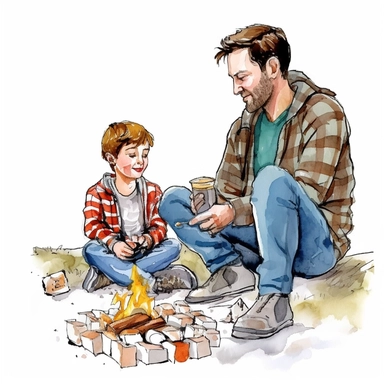 A father and son camping, sitting around a campfire and roasting marshmallows, Watercolor, Clipart, detailed, high resolution, transparent background PNG