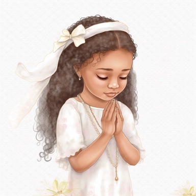 First Communion PNG Clipart, cute little girl, colored pencil drawing, praying
