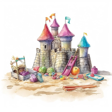 Highly Detailed image of watercolor style clip art style staged sand castles with beach toys and additional accessories on a white background