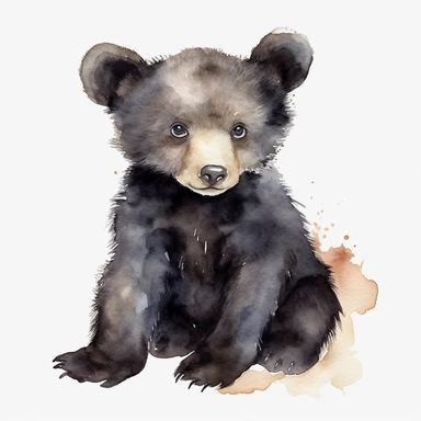watercolor baby black bear clipart, no words, no background