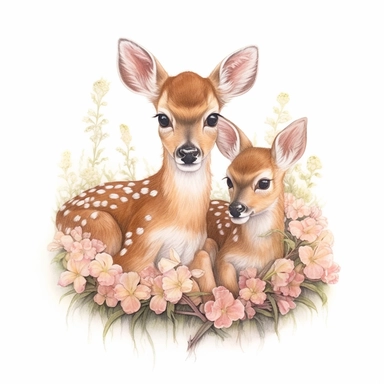 cute but realistic color pencil sketch clipart. baby deers, sitting in the flowers