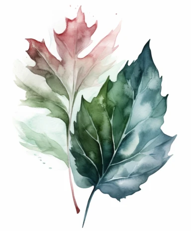watercolor clipart illustration of a leaf green and grey, in the style of meticulous design, minimalistic serenity, light turquoise and dark white, oil paintings, dark green and light crimson, naturalistic poses, imitated material