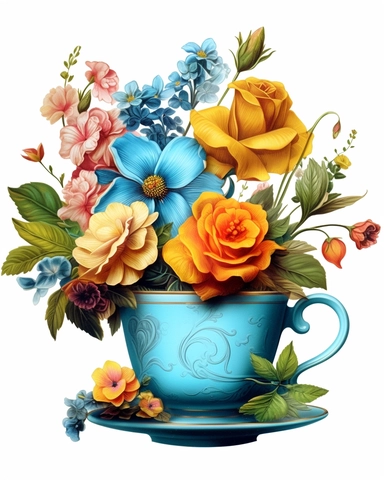 Vintage Flowers Tea Cup and Pot 3d sublimation Clipart, blue-green cup, shine a little, colorful Flower, Retro Flower, Rainbow Color, highly detailed, white background 8k