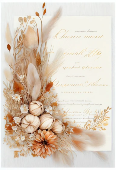 beautiful, intricate, sharp focus, light orange, tan, and brown fall colors, boho wedding invitation with white fluffy bunny tail flowers, dried grasses, dried leaves, dried flowers, show entire invitation, no border, clipart, on white background, flat lay, extreme detail, wedding invitation,
