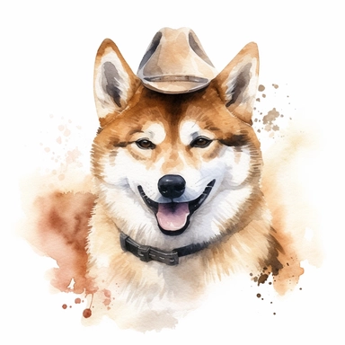 Akita Inu dog wearing cowboy hat, watercolor, sharp illustration clipart, insane detail, white background