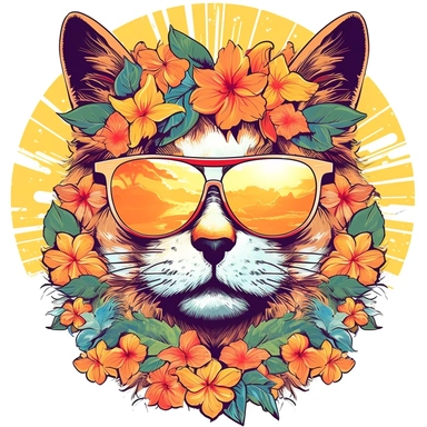 very detailed cutout design of a cartoonized cat wearing sunglasses, with retro summer sunset, and hippie roses, full color, laid flat on white background, vector illustration, flat comic style by Jim Steranko, Sublimation Clipart ,Cartoon,hyper realistic, intricate detail, illustration style,high solution,on the white background