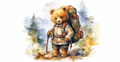 Adorable teddy bear on adventure, camping gear, forest, clipart, vivid colours, ornamental watercolor, white background, I can’t believe how beautiful this is