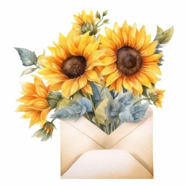Watercolor envelope with sunflowers clipart, shabby chic style, realistic and highly detailed, on white background, HQ, HD