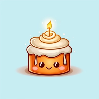 a cute cinnamon roll and white icing dripping down it sides, kawaii style with a candle wick on top. Make it super cute, vibrant colors. Make it into cliparts and vectors.