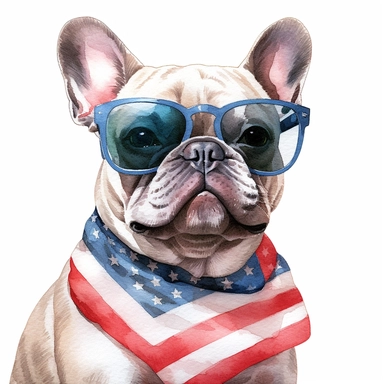 French Bulldog Dog, wears American flag scarf and sunglasses, closeups shot, low angle, watercolor style, hyper-realistic animal illustrations, 2d game art, quadratura, clipart, on white background,