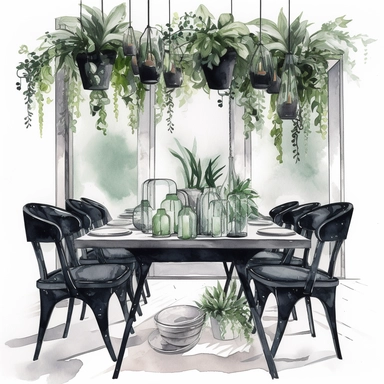 watercolor, hyper realistic, white background, white margins, 16k, ultra detailed clipart, cut out image, hand-drawn, whimsical a cozy dining room with a rectangular glass table and modern chairs, decorated with a sleek black vase and green foliage