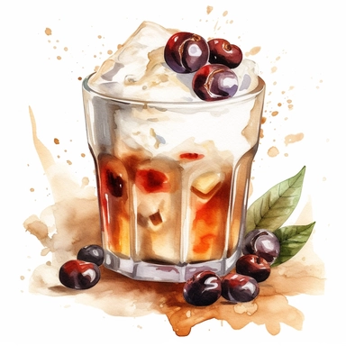 hand-drawn watercolor clip art of a delcious white russian garnished with a coffee beans, vibrant colors, summer vibes, high saturation, artistic brush strokes, detailed texture, white background