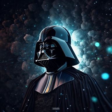 A surreal Star Wars clipart of Darth Vader, floating in a dreamlike world, surrounded by stars and galaxies, with a sense of mystery and magic, emphasizing the character's dark, ominous aura, abstract environment with a blend of light and shadows, 3D, using Blender,