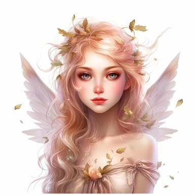 Graceful Fairy with a slender body, highly detailed face, and a joyful expression, Use dreamlike lighting with soft sunlight falling on the subject’s face and hair, to create an ultra-realistic image that captures the subject’s natural beauty and personality, clipart on white background