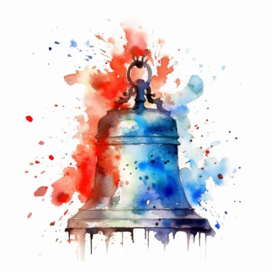 Liberty Bell watercolour American 4th july fireworks clipart, red white blue colors, on white background