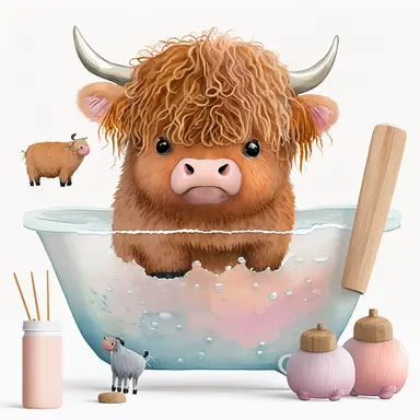 watercolor clipart cute brown baby highland cow with horns in bathtub pink balloons