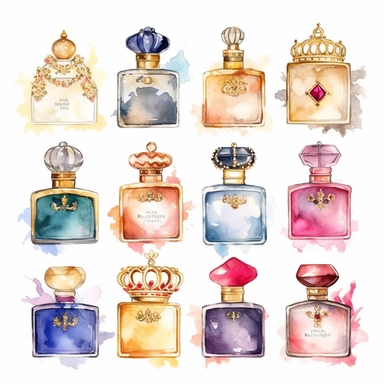 Eleven Watercolor Princes Perfumes Clipart by Nita Engle on solid white background