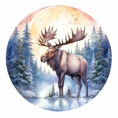 christmas moose, watercolor, clipart, moonlight, forest