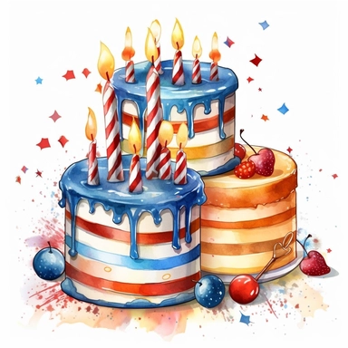 Cake and Candles: Create clipart featuring birthday cakes adorned with candles. Experiment with different cake designs, frosting styles, and candle arrangements to create delightful and celebratory clipart.patriotic pattern, stars and stripes, red white and blue, delicate detail, watercolor, in the style of artgerm, 2d game art, quadratura, clipart, on white background,