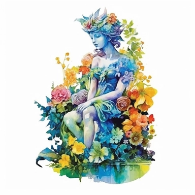clipart, isolated on white background, Watercolor Spring beautiful ornated garden plaster statue, colorful flowers and grass and plants and branches and tree, ornated, vivid and vibrant and saturated colors
