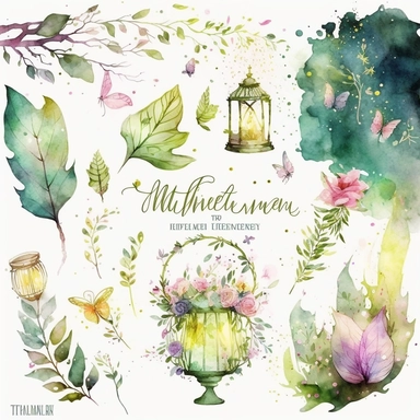 A mesmerizing watercolor clipart collection featuring elements from llustration of a magical forest inspired by Shakespeare's A Midsummer Night's Dream. lush green trees adorned with twinkling fairy lights, Delicate flowers bloom in vibrant colors, while mischievous fairies flit through the air, leaving behind trails of sparkling dust, ethereal ambiance. whimsy and enchantment