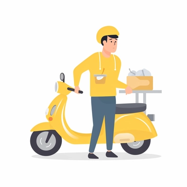 vector design, moped food delivery man, flat modern illustration, clipart, very simple picture, white background, soft gradient transition, in the style of warm color palette, natural pastel colors, in yellow, grey and black colors, object portraiture specialist, uniformly staged images, animated illustrations