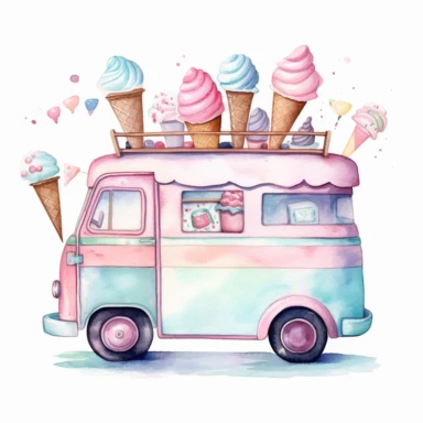 Watercolor Ice Cream truck Clipart, pastel pink pastel green pastel blue colors, dreamy style