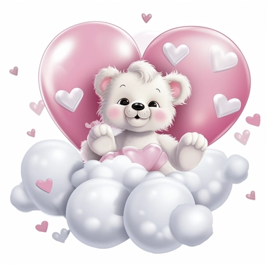 cute Baby bear smling while laying in a white cloud with a pink bib on with a white heart on it wearing pink and white balloons, clipart, black background