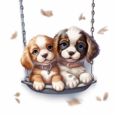 Cute Beautiful Happy Face Couple Baby Puppy sit on a swing Sublimation Clipart ,Cartoon,hyper realistic, intricate detail, illustration style,high solution,on the white background