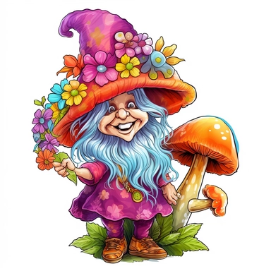 A delightful, hand-drawn clipart image of a friendly female gnome with no beard, dressed in a charming, brightly colored dress, sporting a tall, colorful pointy hat, and standing with a welcoming smile, mushrooms and flowers, presented on a transparent ba