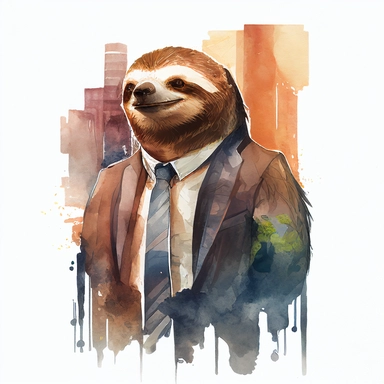sloth as business man with a satisfied face expression in a business city, expresionist style, watercolor clipart