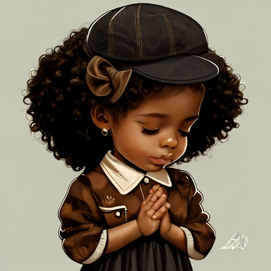 clipart style Afro Latina 7 years old, praying, happy praying hands, curly dark brown hair wearing a beret hat, closed eyes, short sleeve summer dress, dress over the knees.