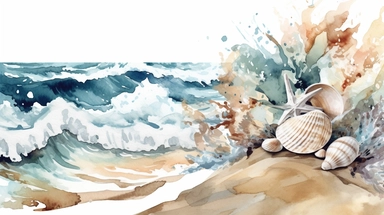 abstract clipart of a watercolor painting of a beach scene with waves, sand, and seashells. No Background