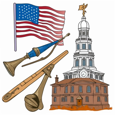 clipart image with iconic symbol, flag, and historic landmark from the American Revolution, perfect for DIY project and craft